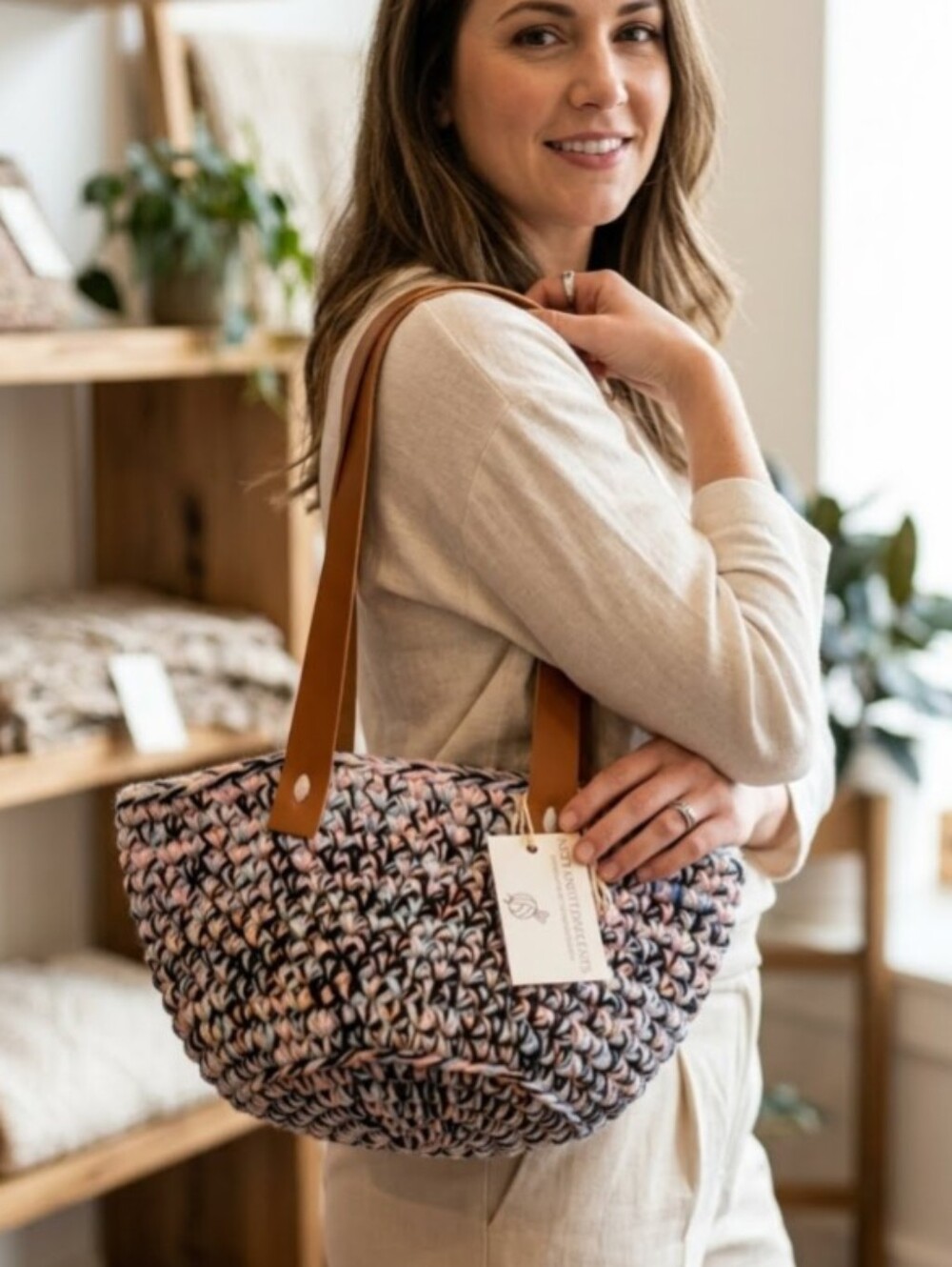 Handmade Crochet Multicolor Market Basket Tote Tan Faux Leather Straps